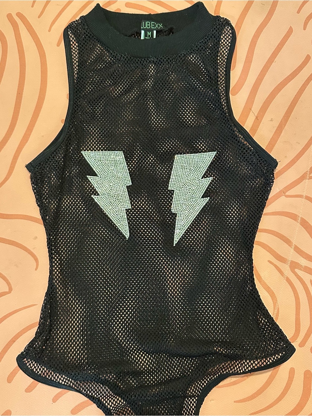 Dolls Kill Black Mesh Lightning Bolt Tank Bodysuit Rave or EDM Festival Outfit